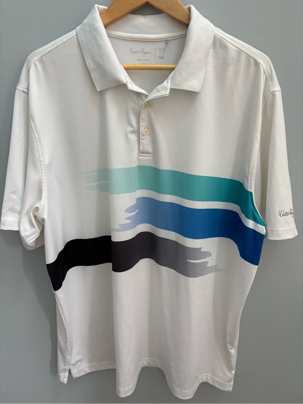 Walter Hagen White Polo with Teal, Blue & Black Wave Stripes